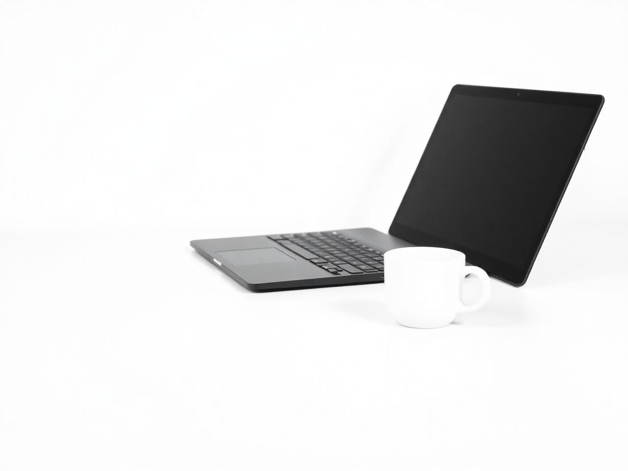 A black laptop and white cup on a bright white desk