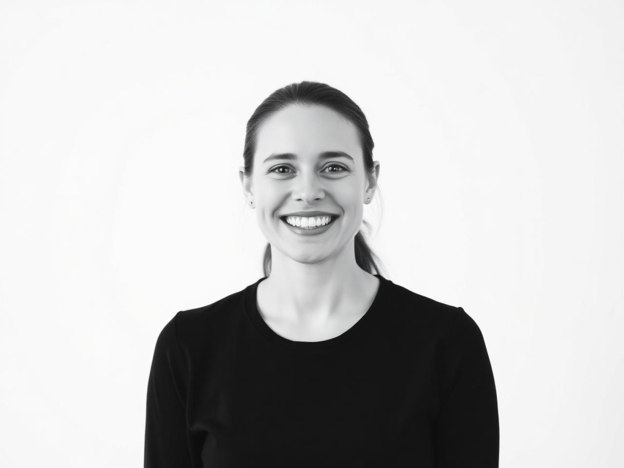A small business owner smiling, black and white portrait