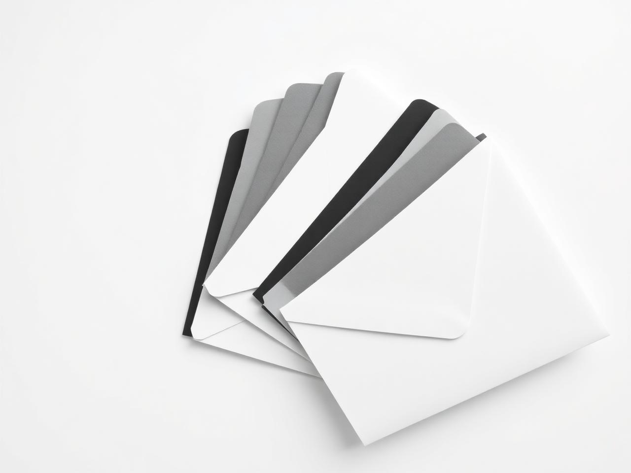 White and black paper envelopes fanned out on a white surface